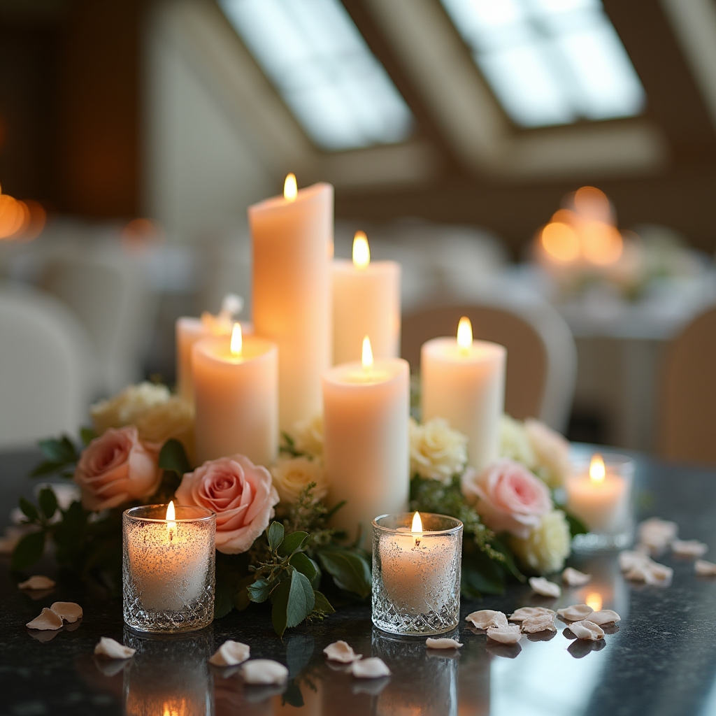 Dettaglio decorazione con candele e fiori per cerimonia