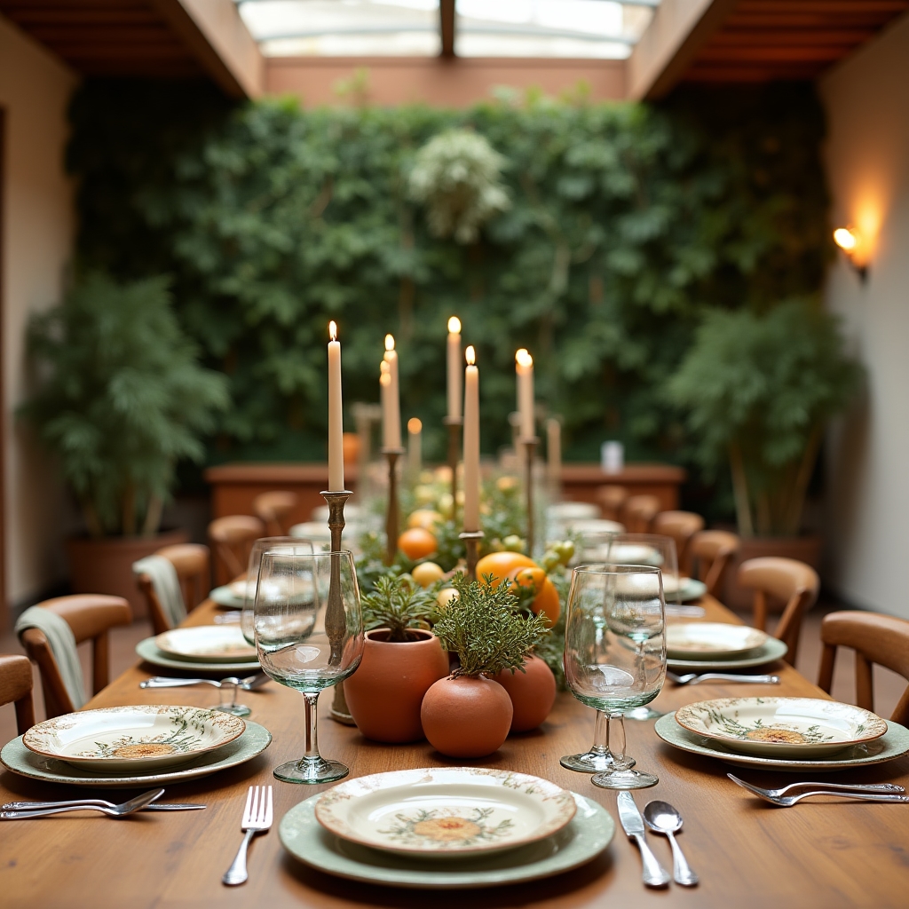 Riunione familiare con tavola apparecchiata e decorazioni